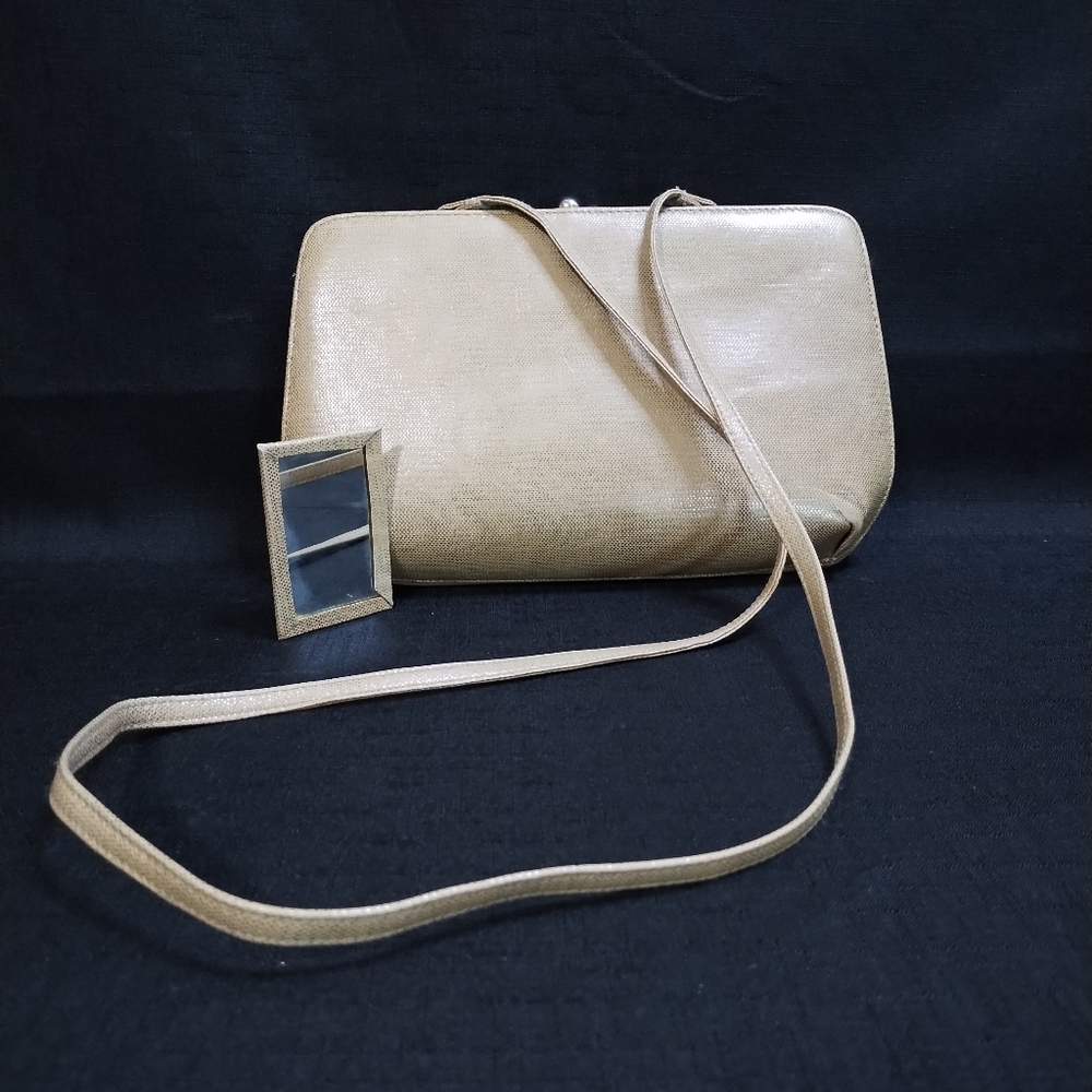 Elegant Vintage Kiss Clasp Inge Christopher Gold Evening Clutch Strap & Mirror